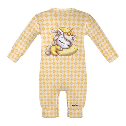 Cute Pastel Yellow Sleepy Time Unicorn Heart Pattern and Graphic Baby Romper-My Bright Side Clothing