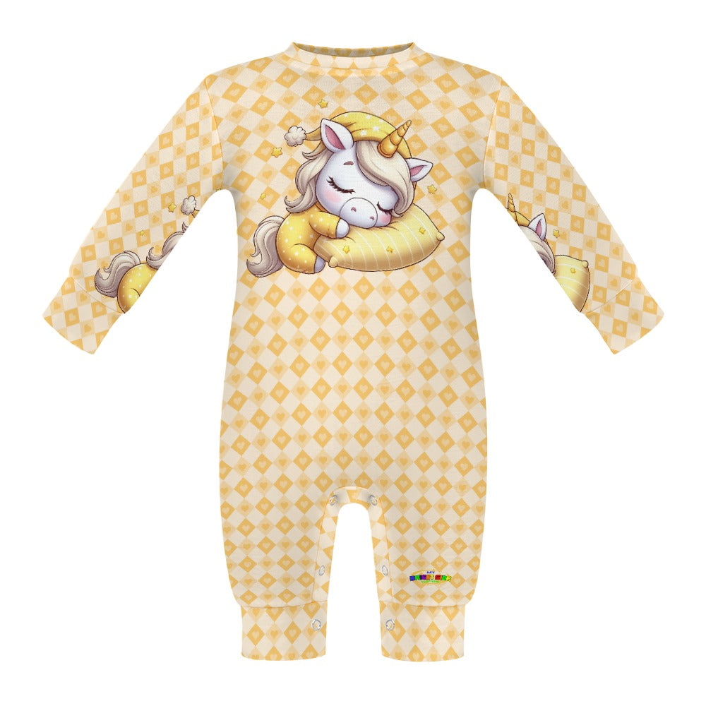 Cute Pastel Yellow Sleepy Time Unicorn Heart Pattern and Graphic Baby Romper-My Bright Side Clothing