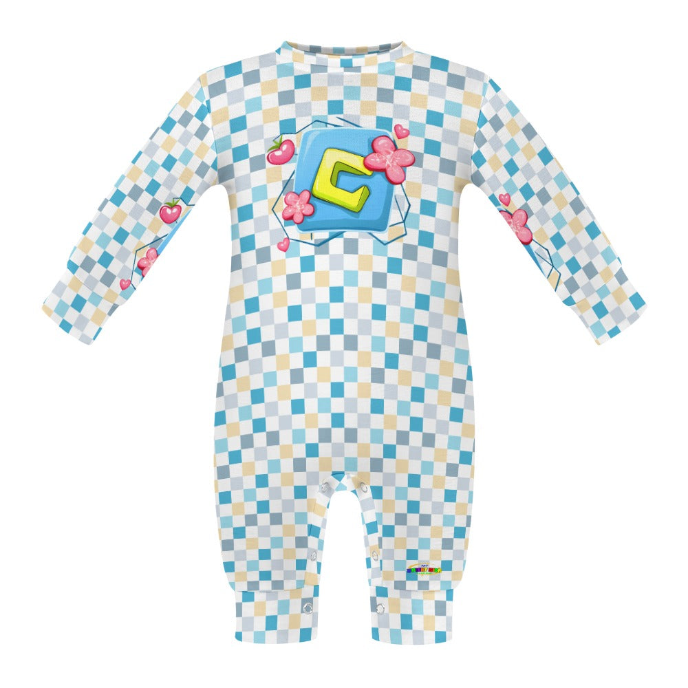 Pastel Blue Square Pattern and  Graphic  Baby Romper  -My Bright Side Clothing