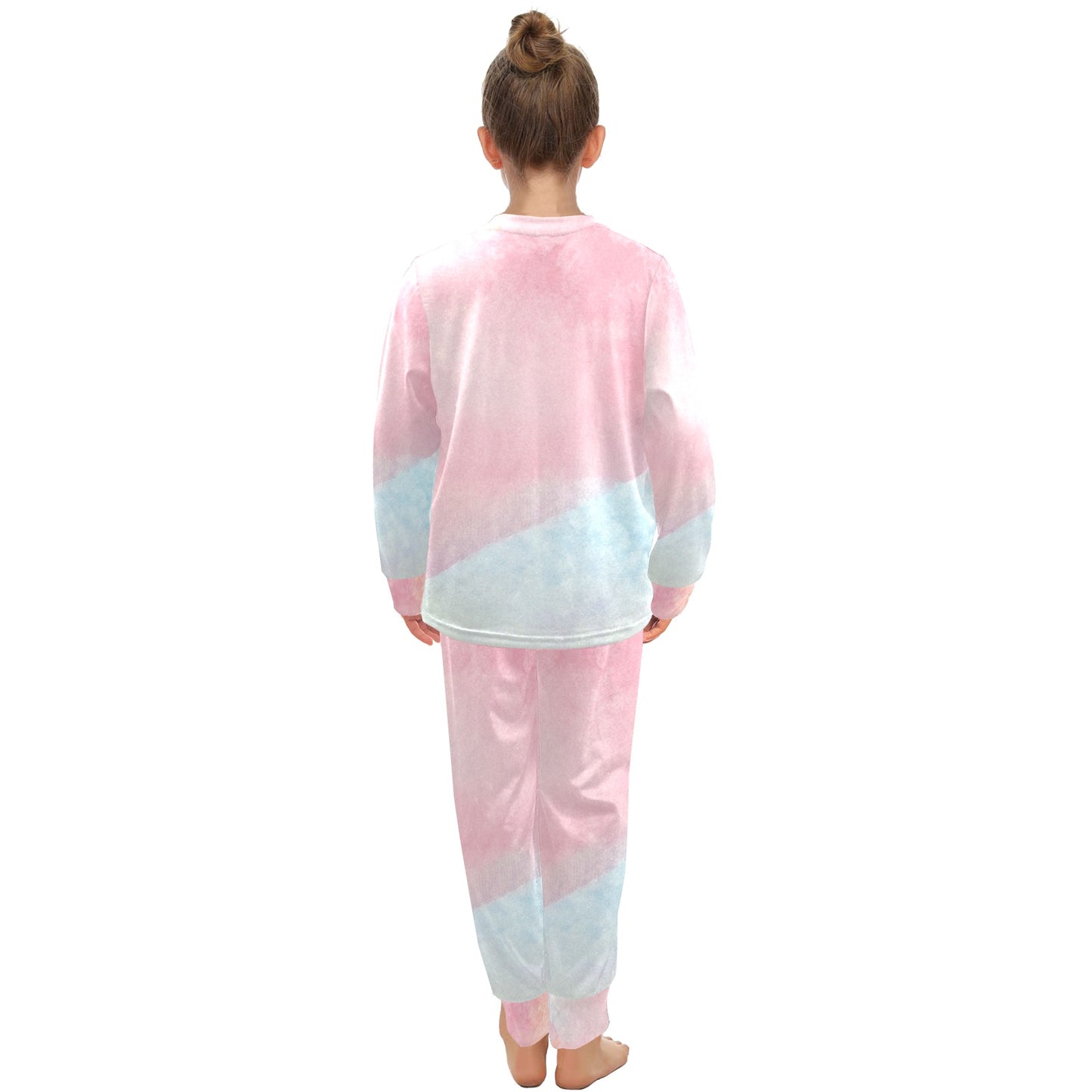 Children's Crew Neck Long Pajama Set Pink & Blue Pattern Girls