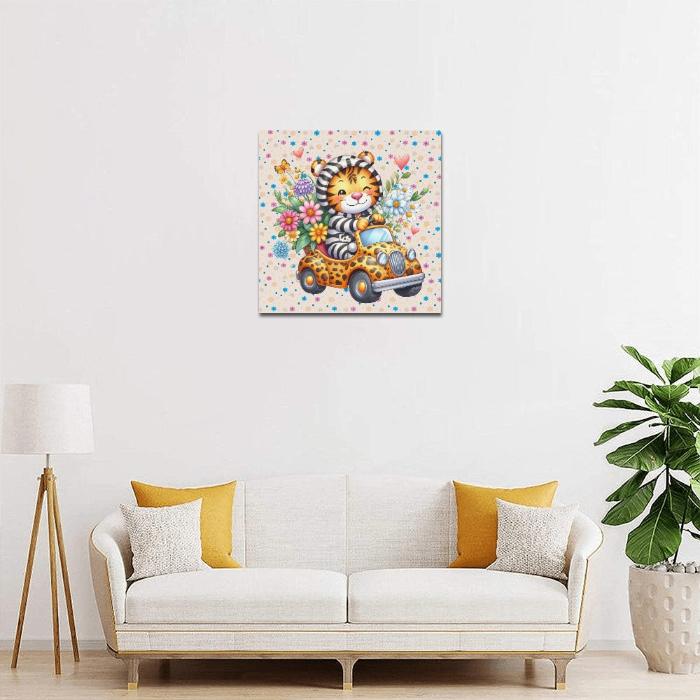 Cute colourful Flower Baby Tiger in a toy car graphic Canvas Print 16"x16"-My Bight Side Clothing