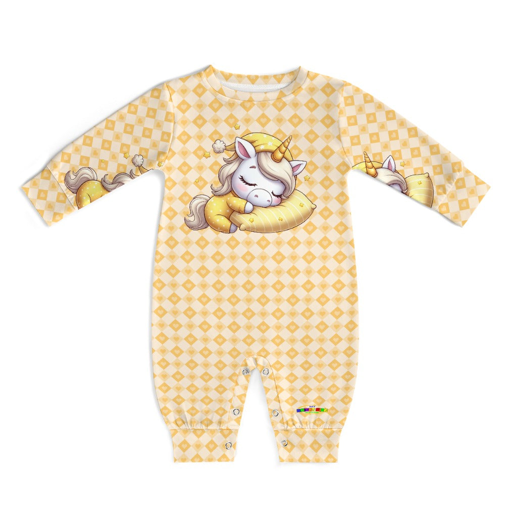 Cute Pastel Yellow Sleepy Time Unicorn Heart Pattern and Graphic Baby Romper-My Bright Side Clothing