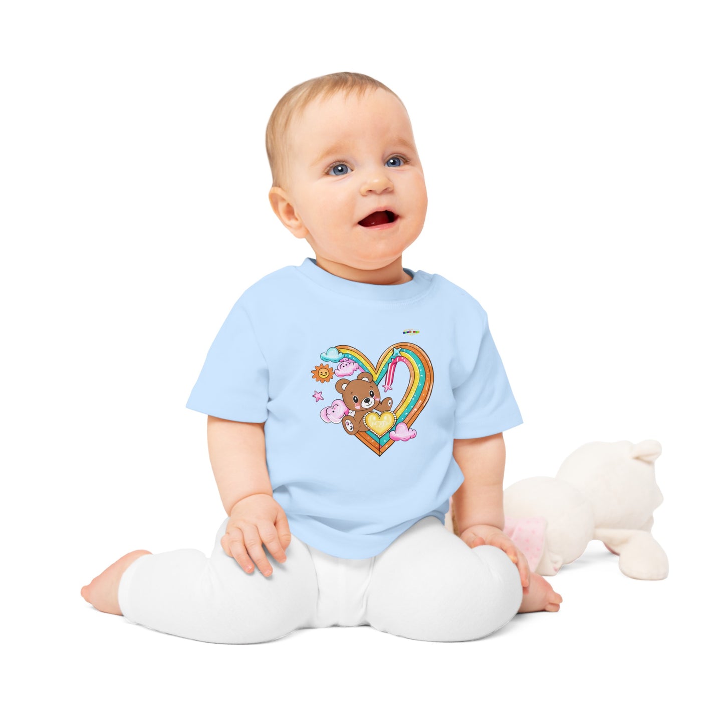 Cute Rainbow Heart Teddy Bear Graphic Baby T-Shirt-mybrigtsideclothing.com