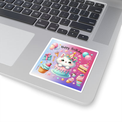 Cute little Cartoon Kitten Happy Birthday Kiss-Cut Sticker-My Bright Side Clothing