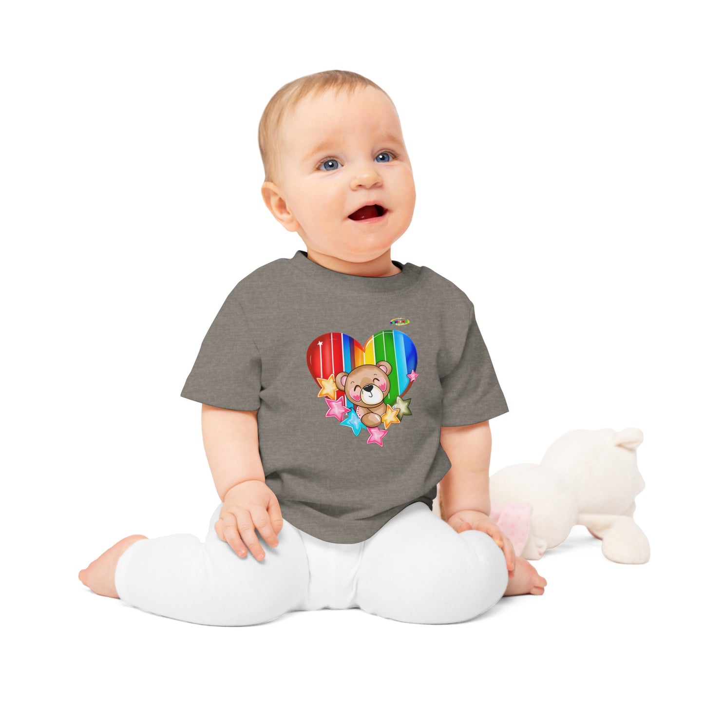 Cute Bright Love Rainbow Heart Teddy Bear Graphic Baby T-Shirt-mybrigtsideclothing.com