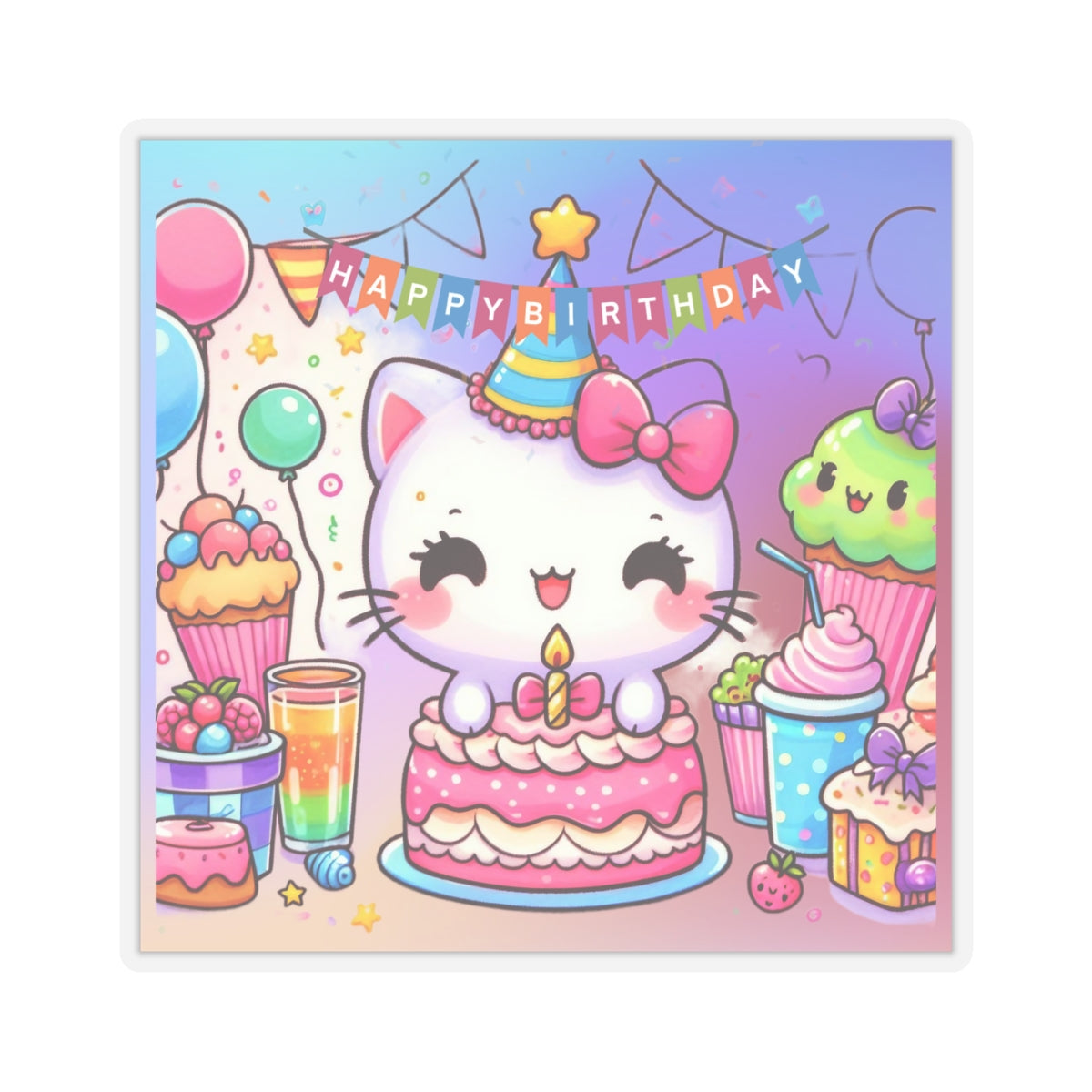 Cute little Cartoon Kitten Happy Birthday Kiss-Cut Sticker-My Bright Side Clothing