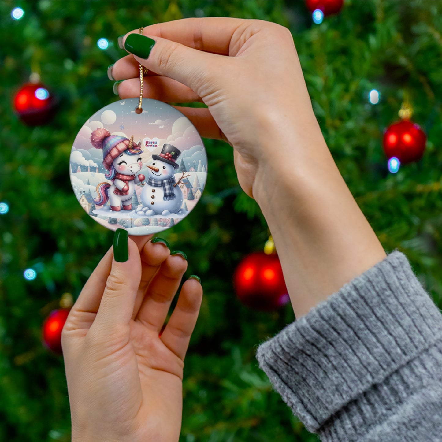 Cute Snowman and Pastel Baby Unicorn Christmas Ceramic Ornament--My Bright Side Clothing