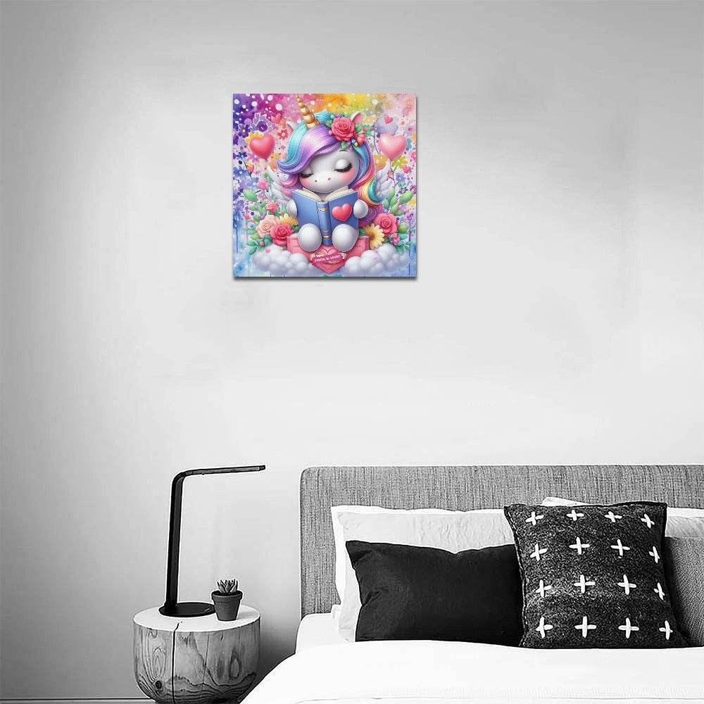 Magical Minds Cute colourful Rainbow Unicorn Reading graphic Canvas Print 16"x16"-My Bight Side Clothing