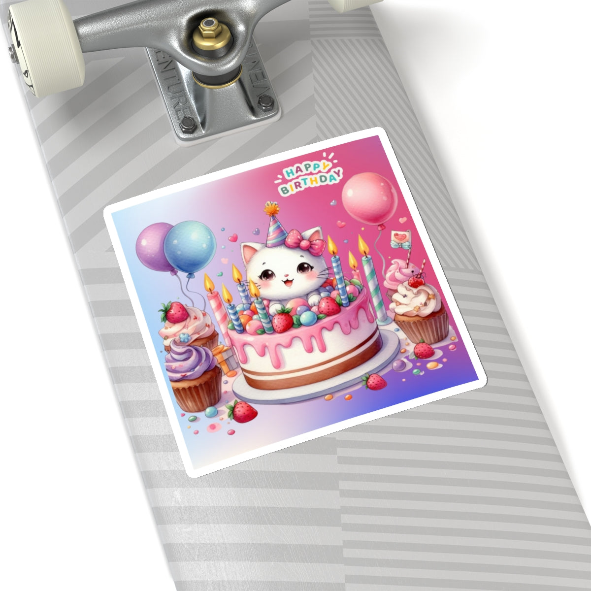 Cute little Cartoon Kitten Happy Birthday Kiss-Cut Sticker-My Bright Side Clothing