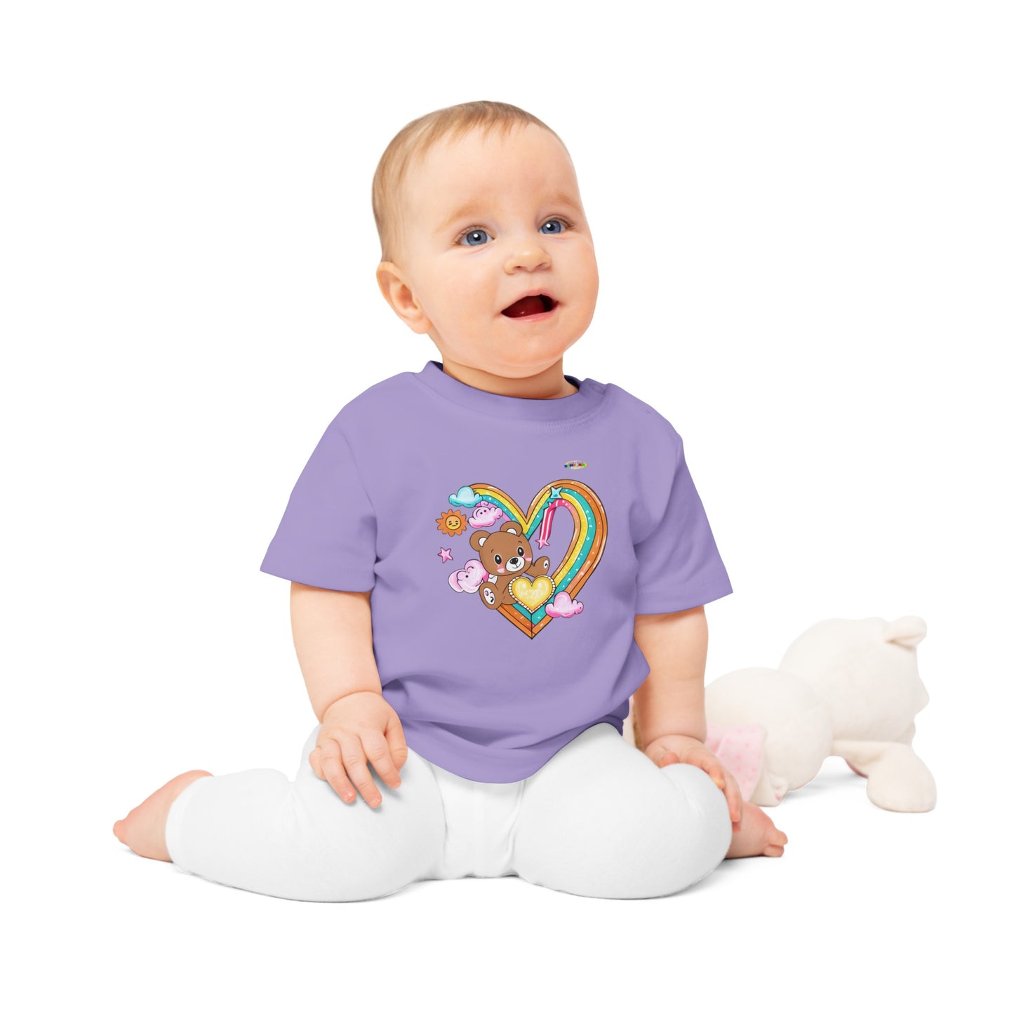 Cute Rainbow Heart Teddy Bear Graphic Baby T-Shirt-mybrigtsideclothing.com