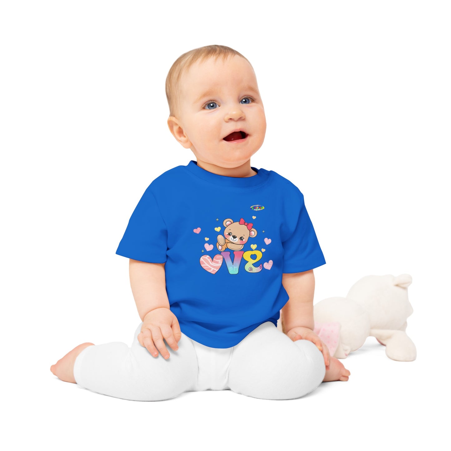 Cute Raining Love Rainbow Heart Teddy Bear Graphic Baby T-Shirt-mybrigtsideclothing.com