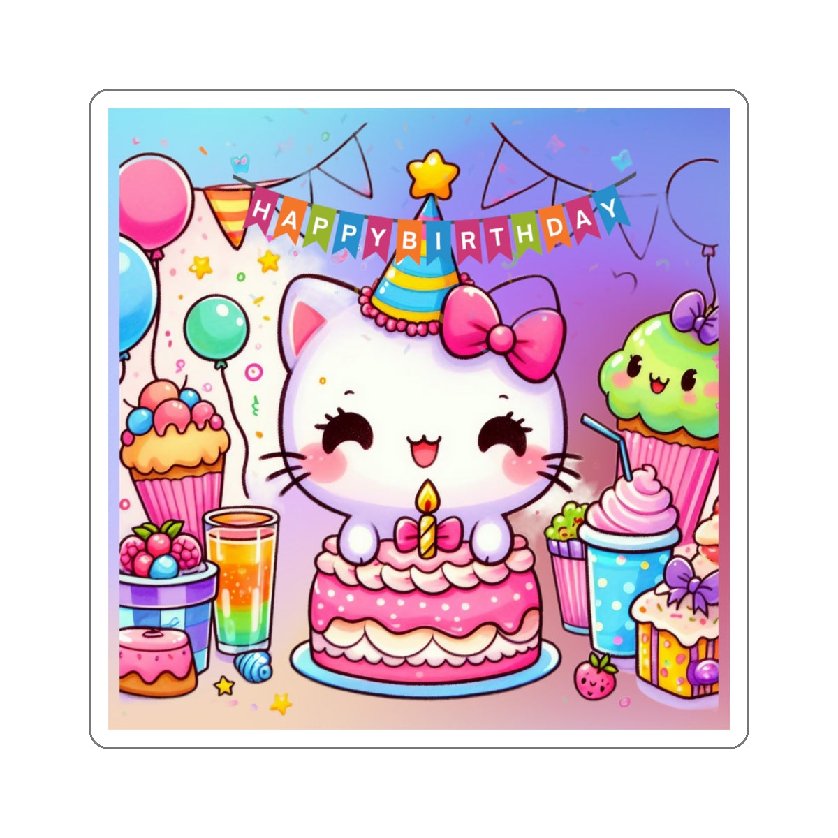 Cute little Cartoon Kitten Happy Birthday Kiss-Cut Sticker-My Bright Side Clothing