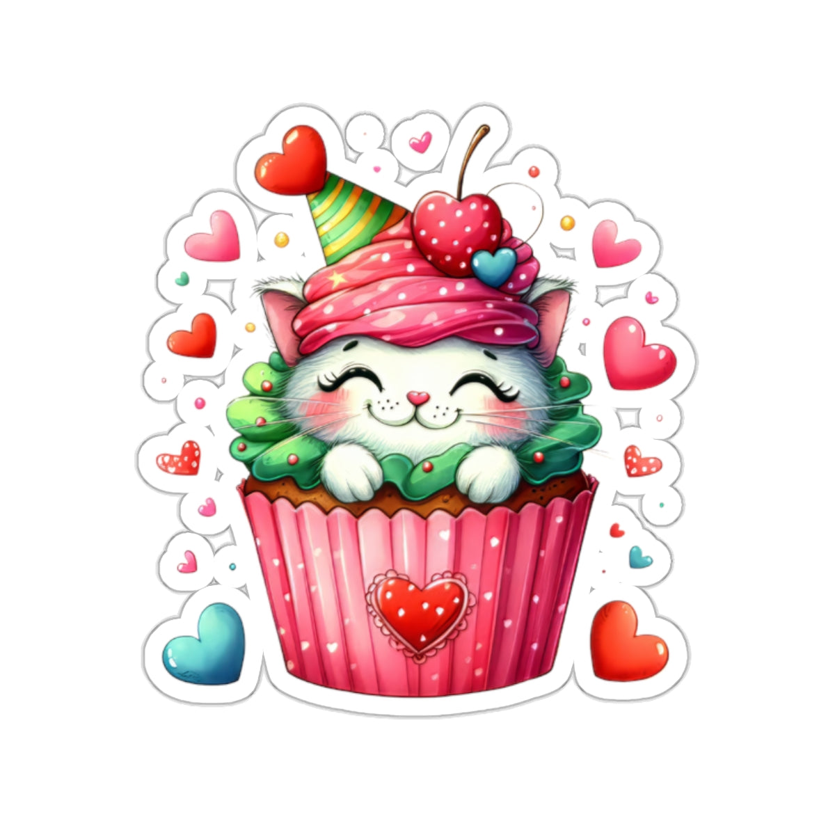 Cute and Sweet Little Cupcake Kitten Valentines -Kiss-Cut Sticker-My Bright Side Clothing