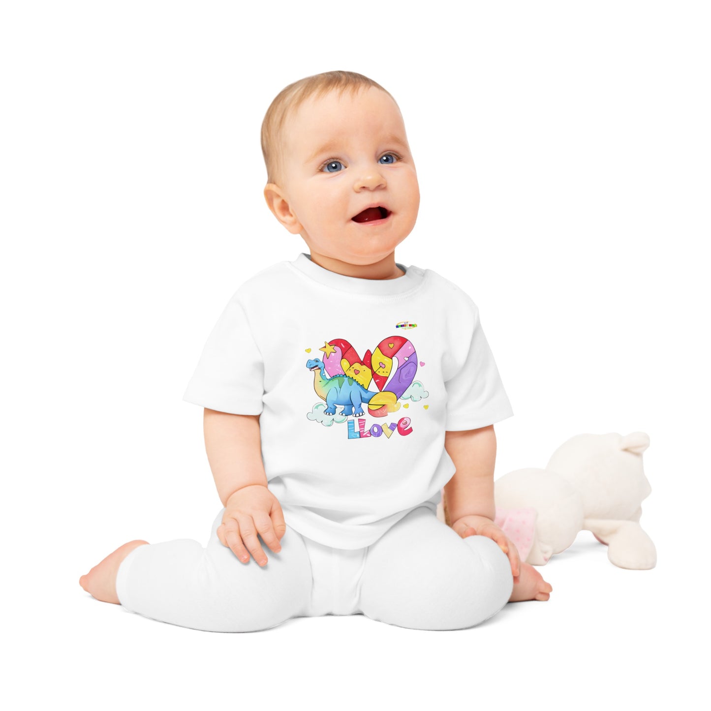 Cute Rainbow Heart Dino Graphic Baby T-Shirt-mybrigtsideclothing.com