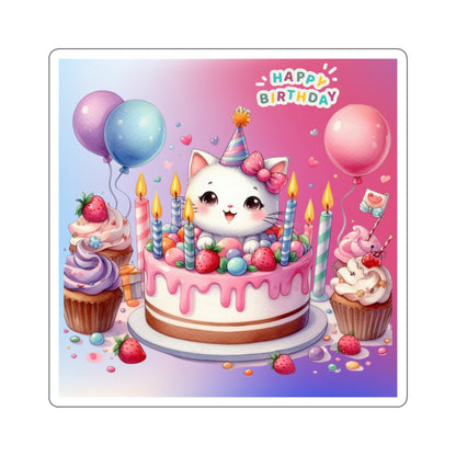 Cute little Cartoon Kitten Happy Birthday Kiss-Cut Sticker-My Bright Side Clothing