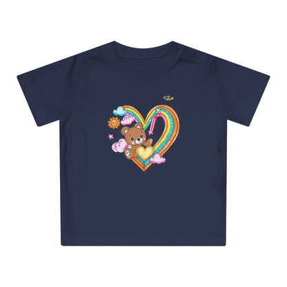 Cute Rainbow Heart Teddy Bear Graphic Baby T-Shirt-mybrigtsideclothing.com