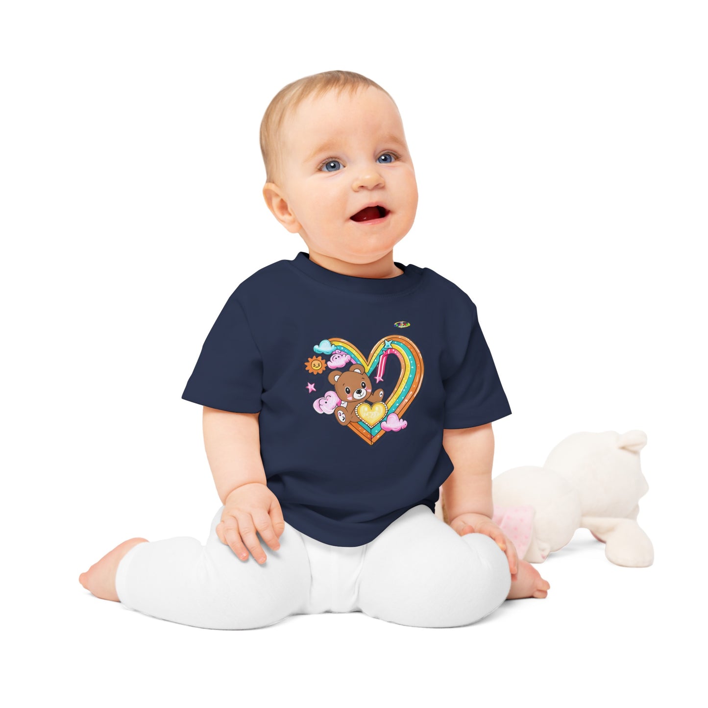 Cute Rainbow Heart Teddy Bear Graphic Baby T-Shirt-mybrigtsideclothing.com