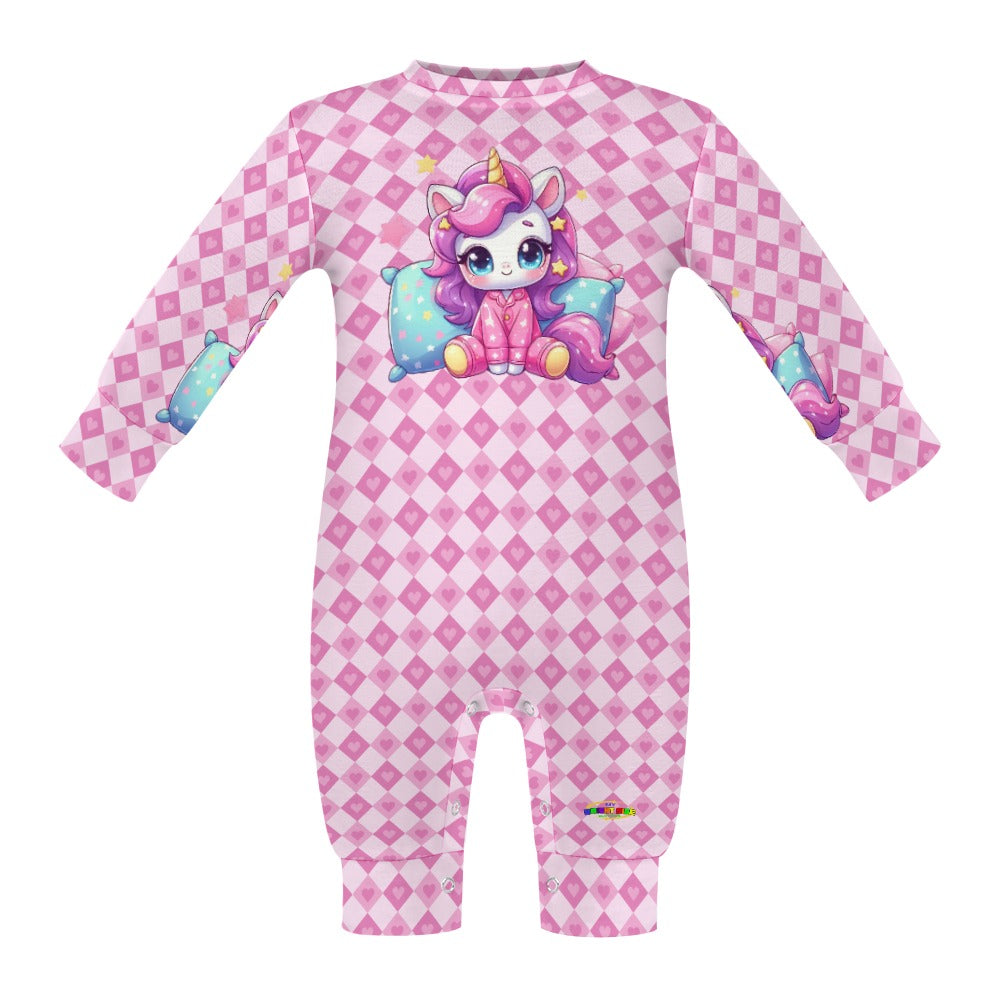 Cute Pastel Pink Sleepy Time Unicorn Heart Pattern and Graphic Baby Romper-My Bright Side Clothing