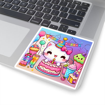 Cute little Cartoon Kitten Happy Birthday Kiss-Cut Sticker-My Bright Side Clothing