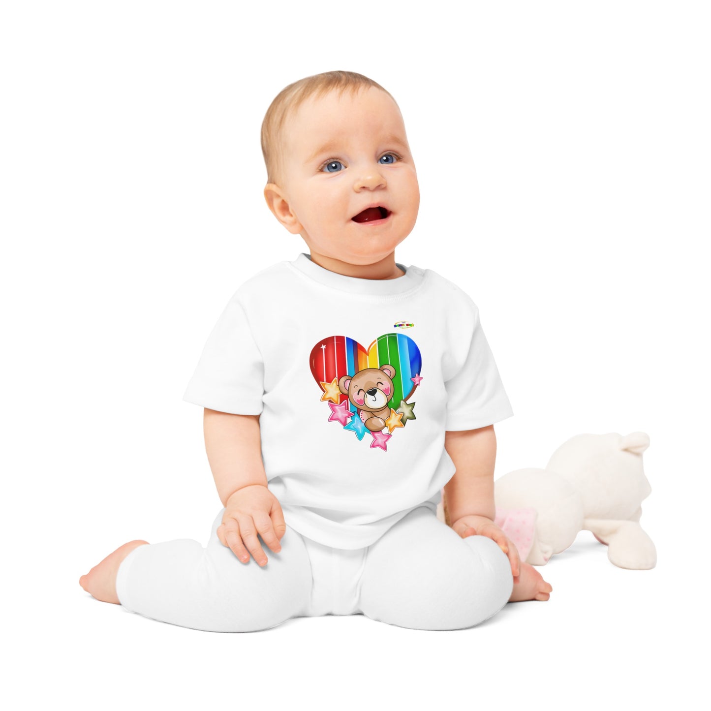 Cute Bright Love Rainbow Heart Teddy Bear Graphic Baby T-Shirt-mybrigtsideclothing.com