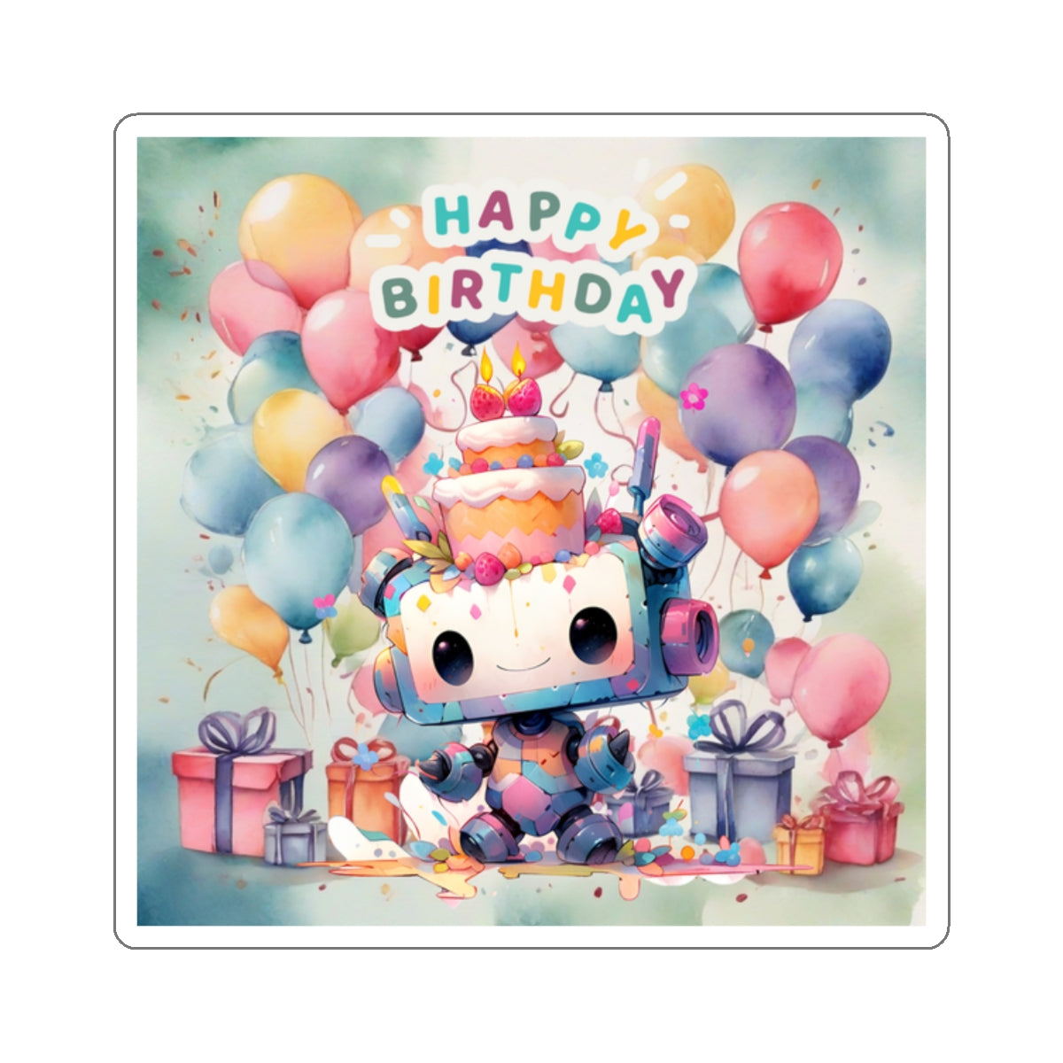 Cute little Robot Happy Birthday Kiss-Cut Sticker-My Bright Side Clothing