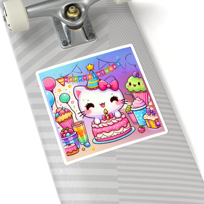 Cute little Cartoon Kitten Happy Birthday Kiss-Cut Sticker-My Bright Side Clothing