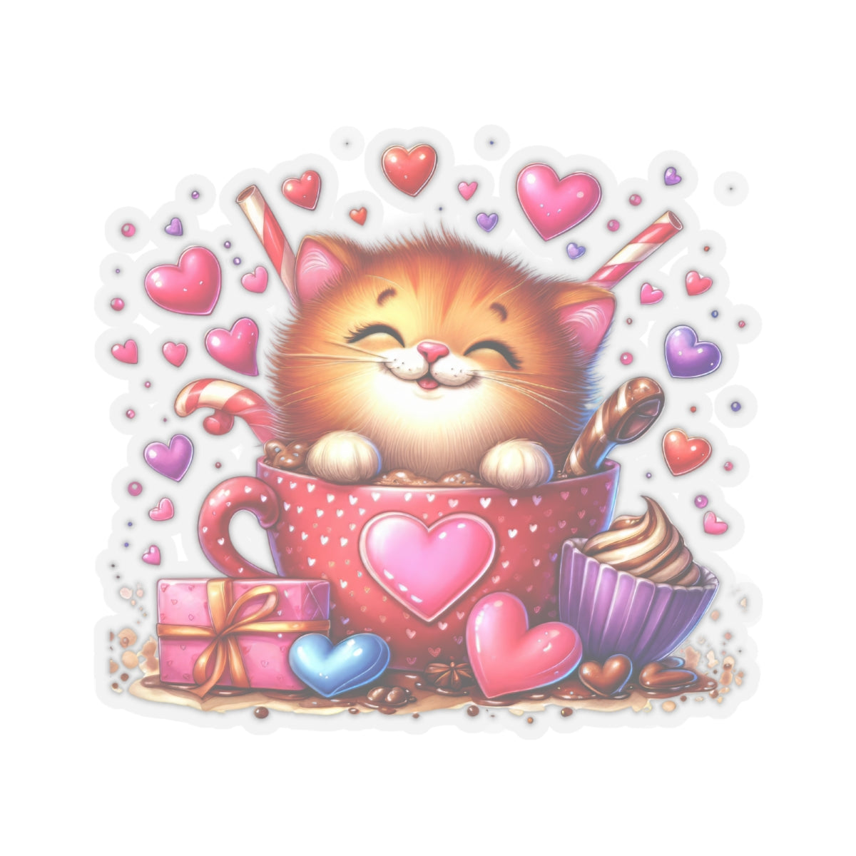 Cute and Sweet Little Cup of Love Kitten Valentines -Kiss-Cut Sticker-My Bright Side Clothing