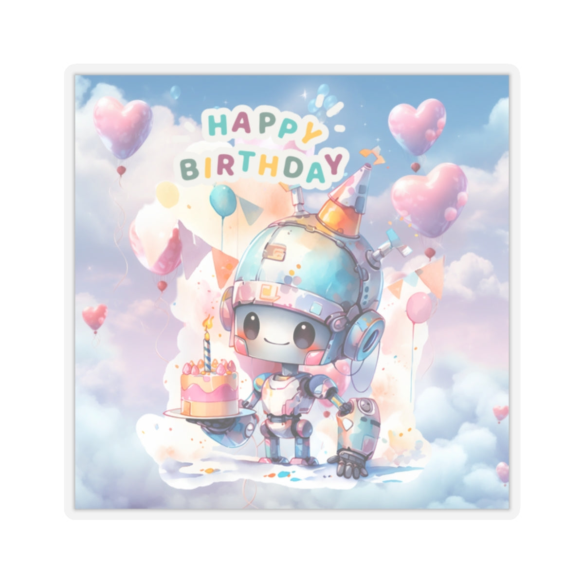 Cute little Robot Happy Birthday Kiss-Cut Sticker-My Bright Side Clothing