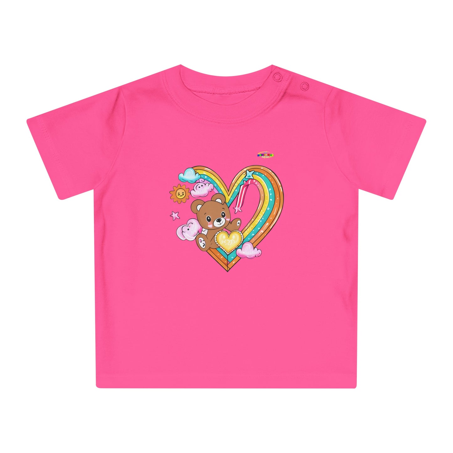 Cute Rainbow Heart Teddy Bear Graphic Baby T-Shirt-mybrigtsideclothing.com