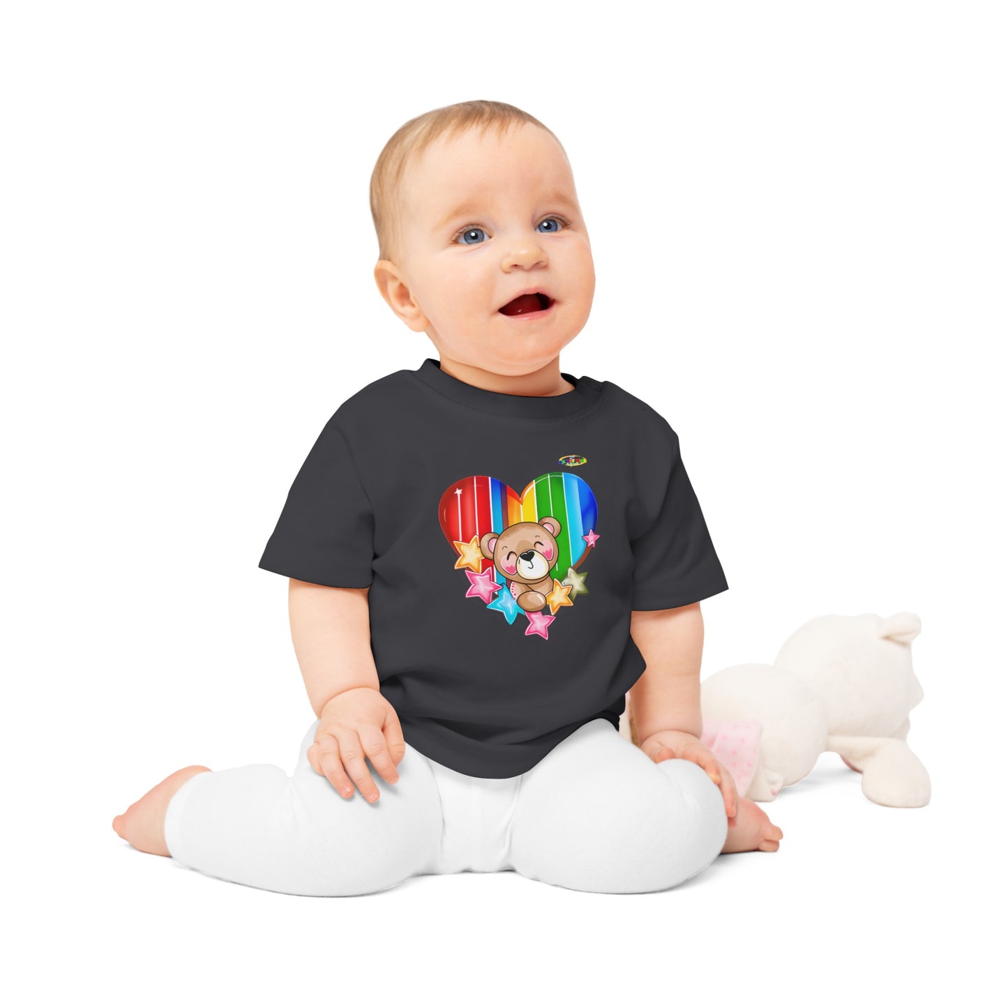 Cute Bright Love Rainbow Heart Teddy Bear Graphic Baby T-Shirt-mybrigtsideclothing.com