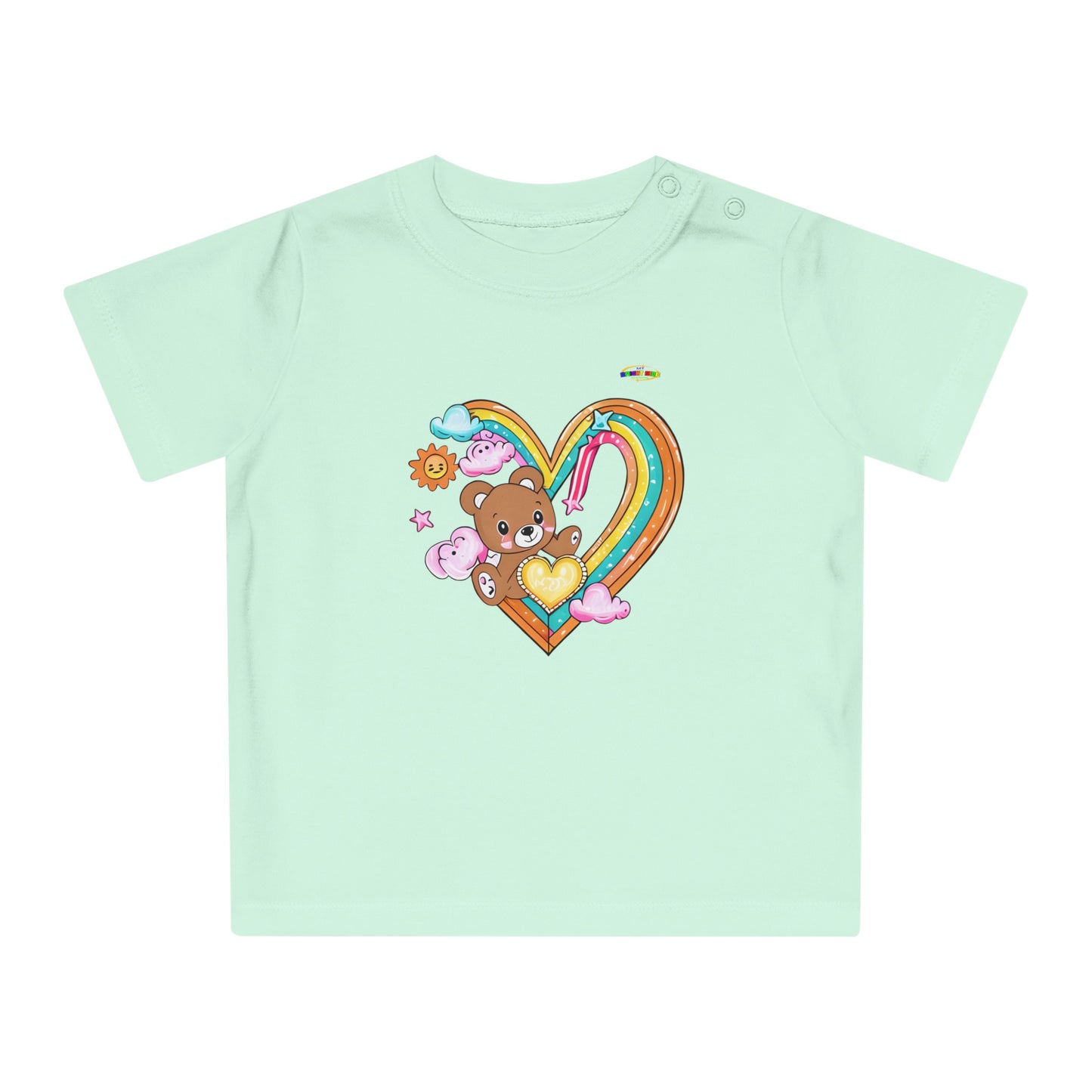 Cute Rainbow Heart Teddy Bear Graphic Baby T-Shirt-mybrigtsideclothing.com