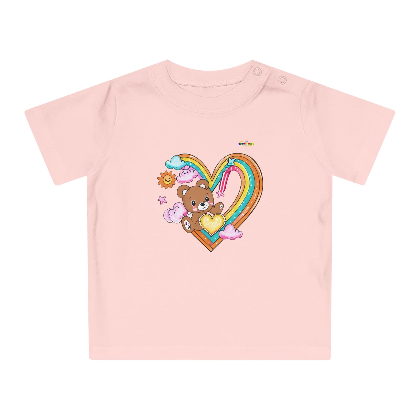 Cute Rainbow Heart Teddy Bear Graphic Baby T-Shirt-mybrigtsideclothing.com