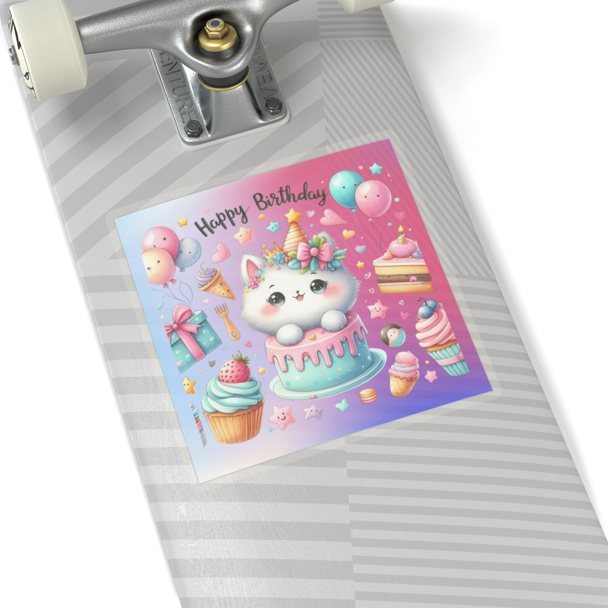 Cute little Cartoon Kitten Happy Birthday Kiss-Cut Sticker-My Bright Side Clothing