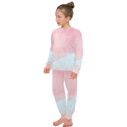 Children's Crew Neck Long Pajama Set Pink & Blue Pattern Girls