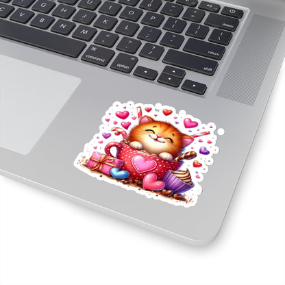 Cute and Sweet Little Cup of Love Kitten Valentines -Kiss-Cut Sticker-My Bright Side Clothing