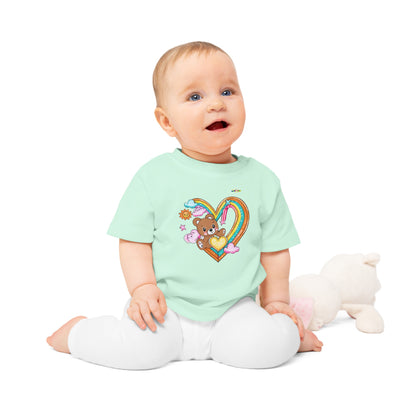 Cute Rainbow Heart Teddy Bear Graphic Baby T-Shirt-mybrigtsideclothing.com