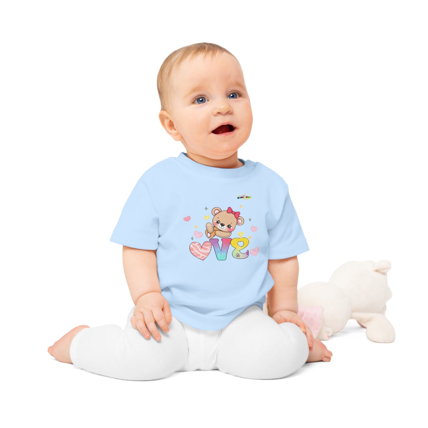 Cute Raining Love Rainbow Heart Teddy Bear Graphic Baby T-Shirt-mybrigtsideclothing.com