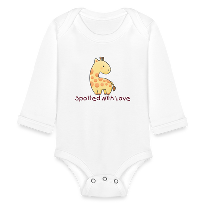 Organic Long Sleeve Baby Bodysuit Giraffe Spotted With Love - white