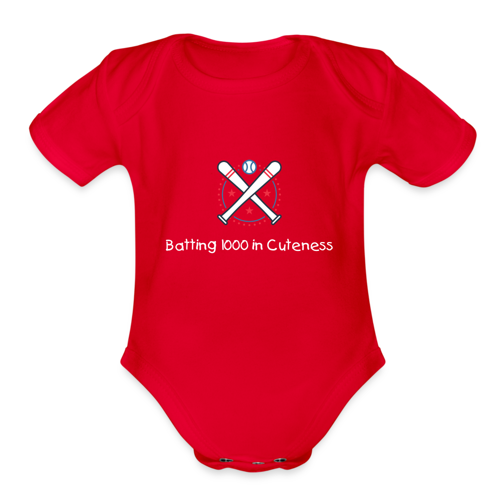 Organic Short Sleeve Baby Bodysuit Cute Baseball Batting - red