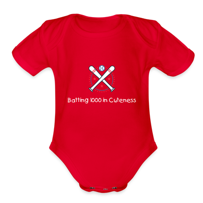 Organic Short Sleeve Baby Bodysuit Cute Baseball Batting - red