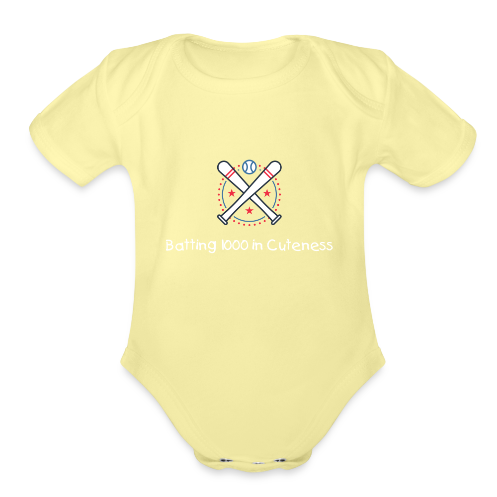 Organic Short Sleeve Baby Bodysuit Cute Baseball Batting - washed yellow