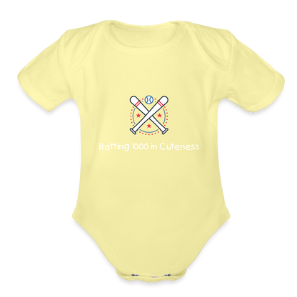 Organic Short Sleeve Baby Bodysuit Cute Baseball Batting - washed yellow