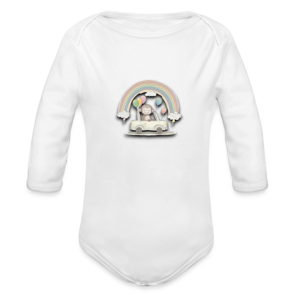 Organic Long Sleeve Baby Bodysuit Monkey in Car with Balloons & Rainbows - white