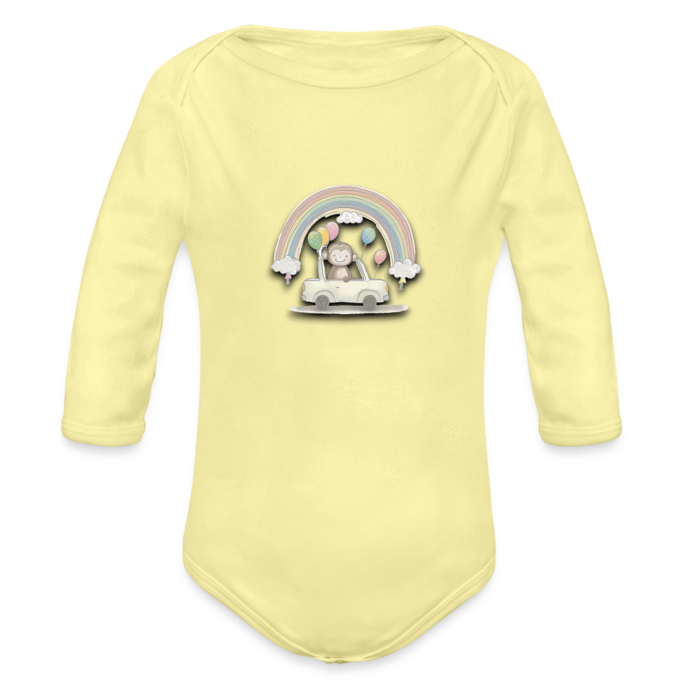 Organic Long Sleeve Baby Bodysuit Monkey in Car with Balloons & Rainbows - washed yellow