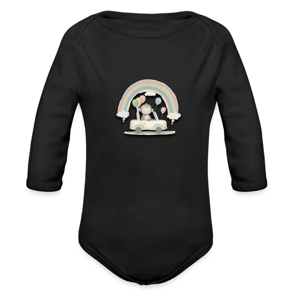 Organic Long Sleeve Baby Bodysuit Monkey in Car with Balloons & Rainbows - black