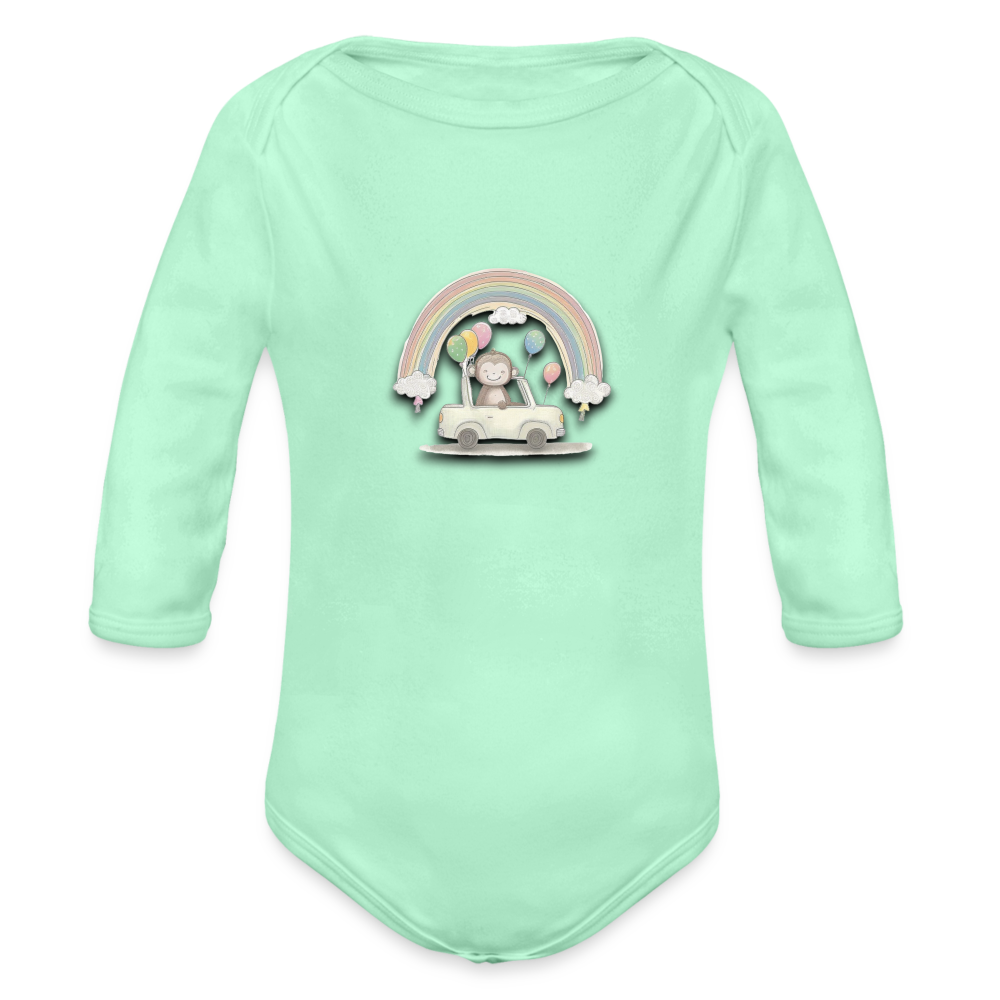 Organic Long Sleeve Baby Bodysuit Monkey in Car with Balloons & Rainbows - light mint