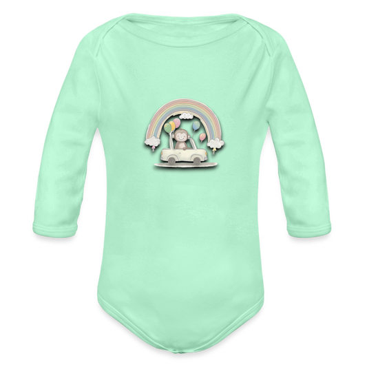 Organic Long Sleeve Baby Bodysuit Monkey in Car with Balloons & Rainbows - light mint