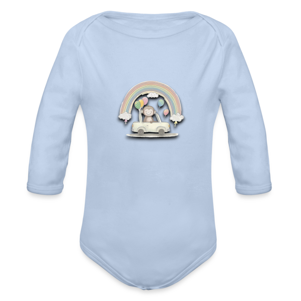 Organic Long Sleeve Baby Bodysuit Monkey in Car with Balloons & Rainbows - sky