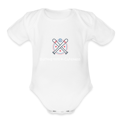 Organic Short Sleeve Baby Bodysuit Cute Baseball Batting - white