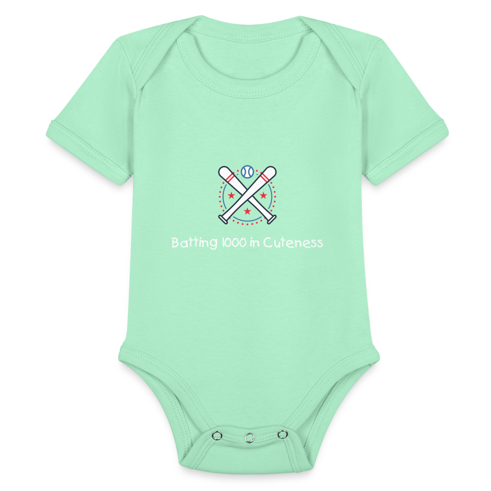 Organic Short Sleeve Baby Bodysuit Cute Baseball Batting - light mint